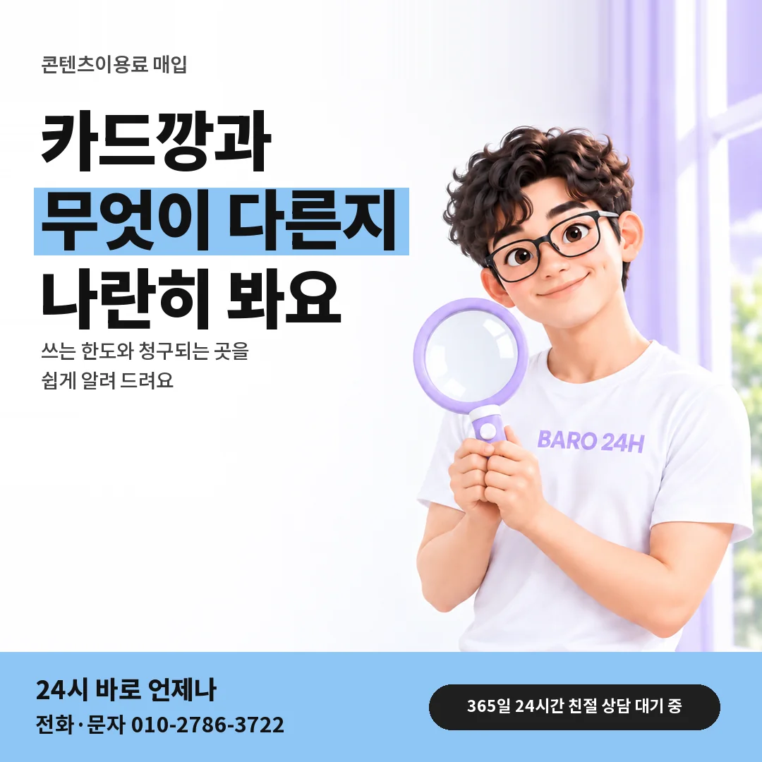 돋보기를 든 BARO 24H 티셔츠를 입은 3D 인물 옆에 「매입과 카드깡 구분」 제목을 얹은 안내 카드