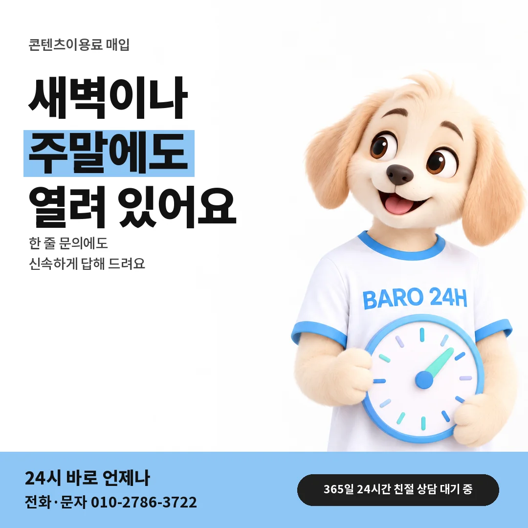 BARO 24H 티셔츠를 입은 3D 동물 캐릭터 옆에 「24시간 상담 창구」 제목을 얹은 안내 카드