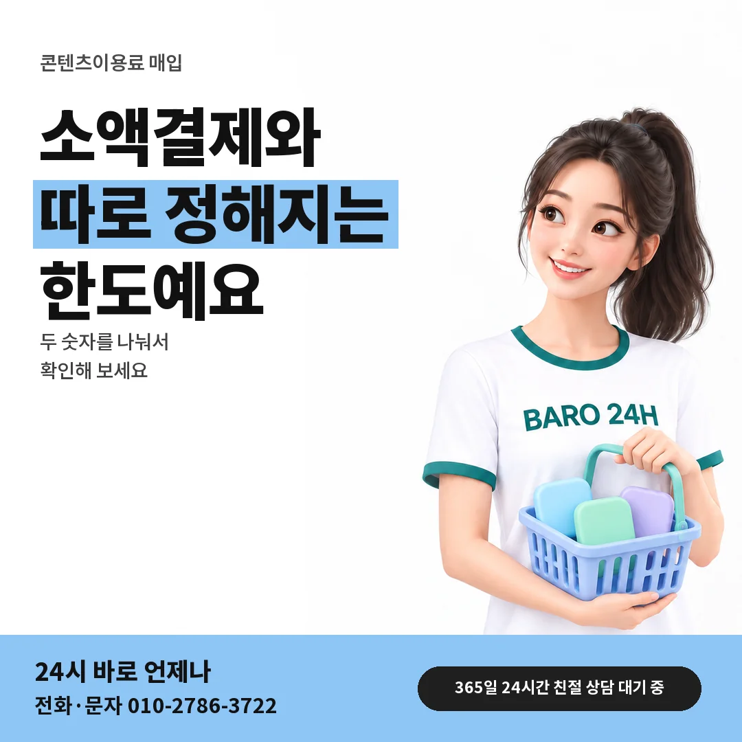 BARO 24H 티셔츠를 입은 3D 인물 옆에 「소액결제 한도와 따로 보기」 제목을 얹은 안내 카드